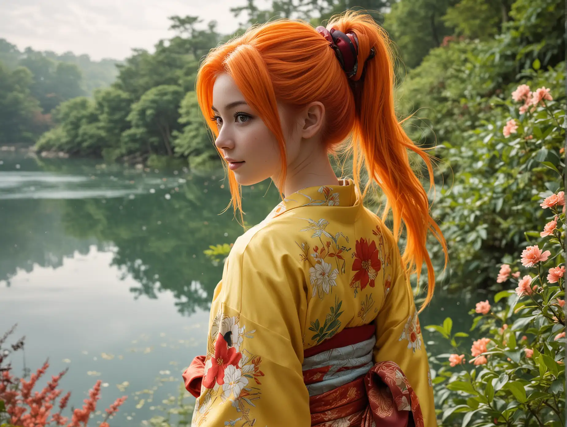 Sure, here's the revised prompt with hair color and specific color codes for the sari:

"Create an image of Misty, the Pokémon character, at 21 years old. She is surrounded by beautiful, vibrant nature with lush greenery, colorful flowers, and a serene lake. Misty has her signature orange hair tied in a side ponytail. She is wearing a traditional Japanese kimono in bright yellow (#FFD700) with red (#FF4500) accents, capturing the colors of her original costume. Misty has a cheerful expression, capturing her adventurous spirit."