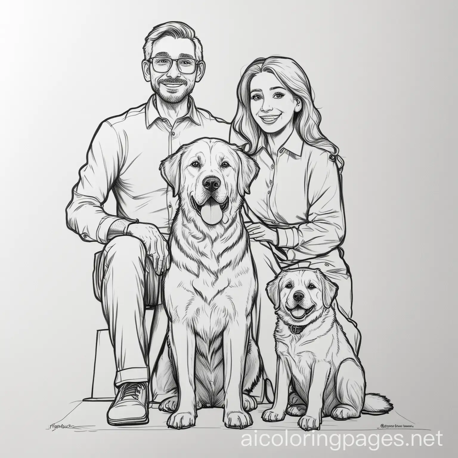 Family-Coloring-Page-with-Dog-Black-and-White-Line-Art-on-White-Background