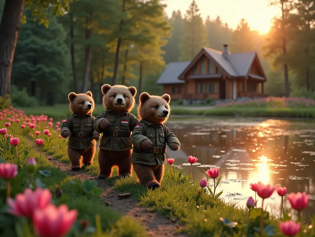 on the front three cheerful bear cubs in military uniform of Russia with chevrons in the form of the Russian flag, they are marching - all this is happening on a grassy bank, and behind them in the distance begins a pond with very clear water, and on the surface of the pond there are many pink large and small pink cups and their green leaves, everything else on this shore around these houses is trees of different heights and dense planting, the setting sun breaks through the trees and evening lighting, many quivering and glare on the water, where on the other side of the pond there stand three single-storey chalet houses with a double-pitched roof each house built from a truss system dark wooden color and walls of these houses are all panoramic windows from floor to ceiling occupying all the space between the truss system