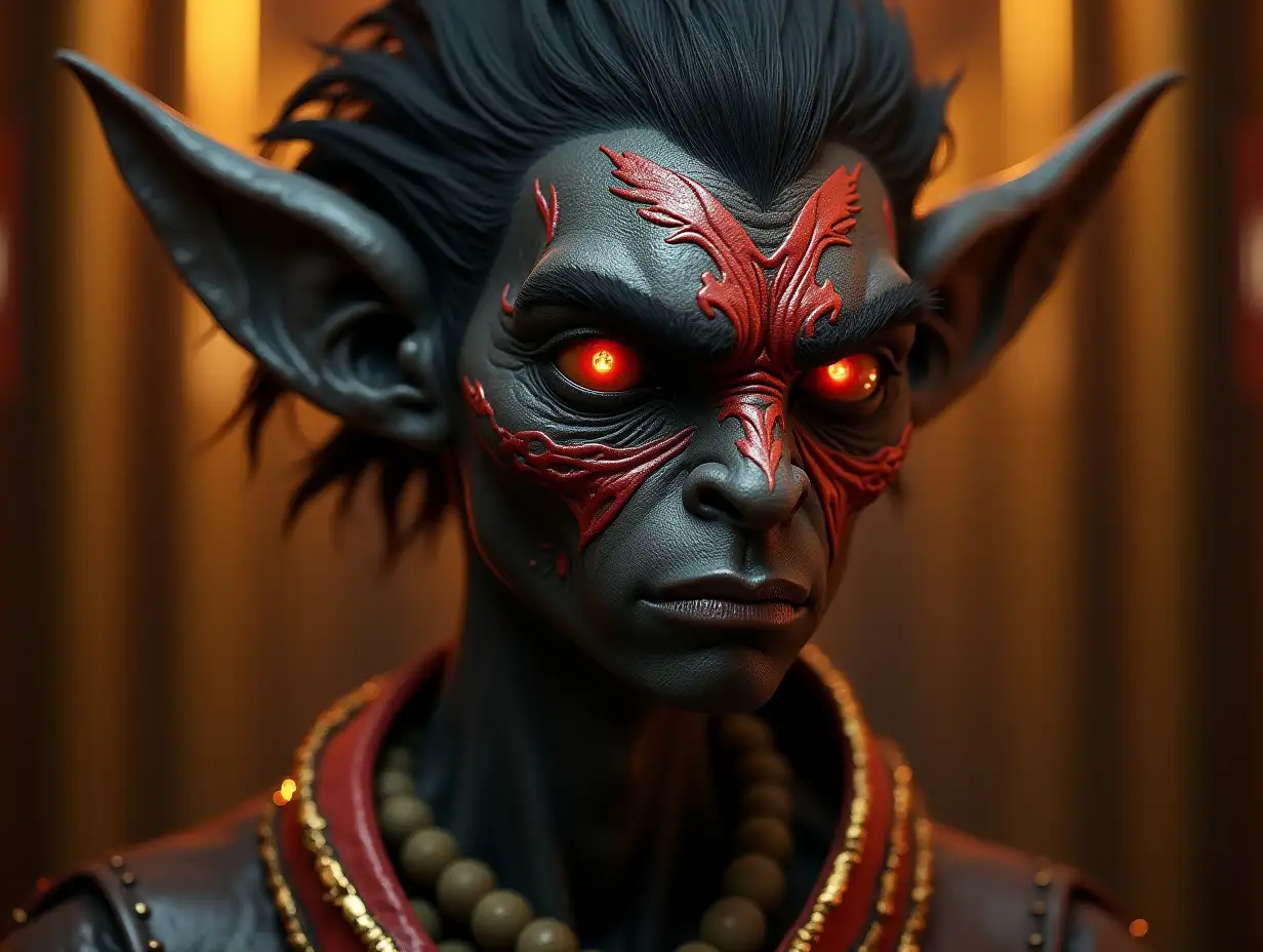 Young black troll with red patterns, Alien face, long neck, sharp chin, with black grey hair, with anger highlighted on their face, modern, in a temple of much gold, vibrant colors in different shades 4k Steampunk