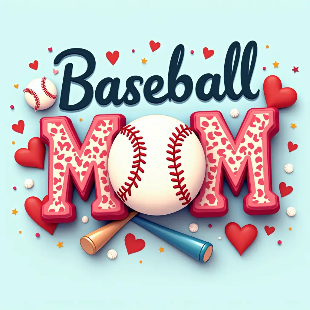 Create an image with the text 'Baseball MOM' in a bold and decorative style. The word 'Baseball' should be written in a cursive, elegant font at the top. The letters 'MOM' should be large and bold, with the top half of the letters designed to look like a baseball with red stitching, and the bottom half featuring a leopard print pattern. Surround the text with various baseball-themed elements such as baseballs, bats, and hearts in red and pink colors. The background should be a light blue color with additional small decorative elements like stars and hearts to add a playful and vibrant feel to the image. 3D Inflated