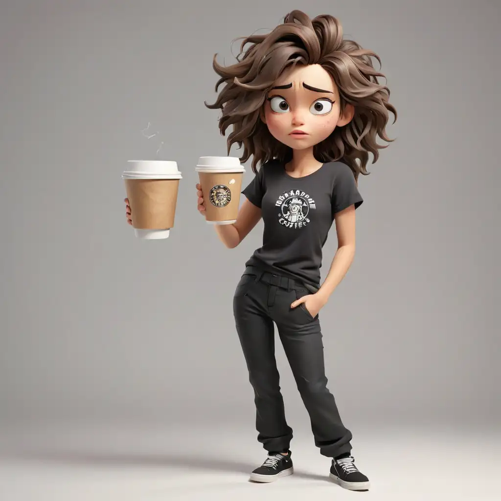 A 3D airbrush-style girl standing on a white background. She looks sleepy, with tousled hair and closed eyes, her head tilted back. She is wearing a crumpled black t-shirt and dark trousers. In one hand, she holds a paper cup with hot coffee, from which steam is rising.