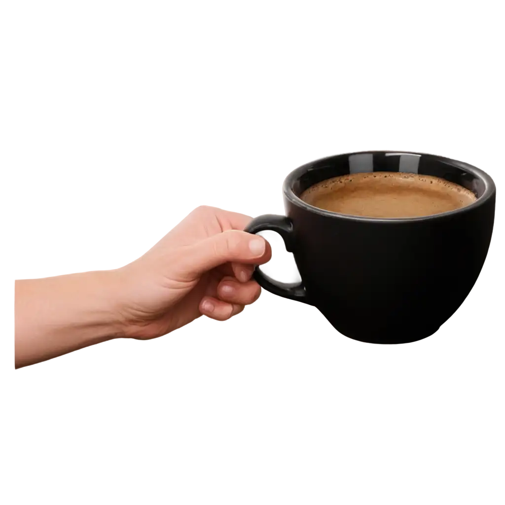 Hand holding a black coffee cup. the hand is positioned in a way that the fingers are slightly curled around the cup, with the thumb and index finger on the right side of the image. the cup appears to be made of ceramic or porcelain and has a handle on the top. the background is completely black, making the hand and cup stand out. the image is taken from a side angle, so the focus is on the hand holding the cup.