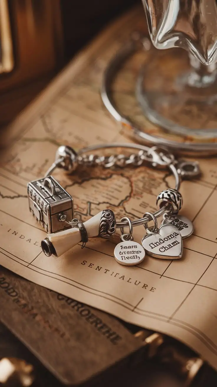 close-up shot, a silver charm bracelet showcasing memory charms: a miniature suitcase, a tiny diploma scroll, and an engraved heart charm, placed on a vintage map, warm indoor light, nostalgic, sentimental jewelry --ar 16:9 --zoom 1.1