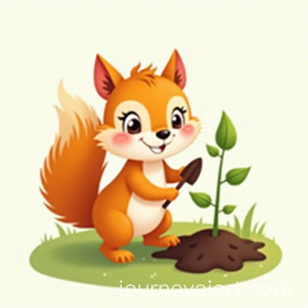 Colorful-Cartoon-Squirrel-Planting-a-Green-Sapling