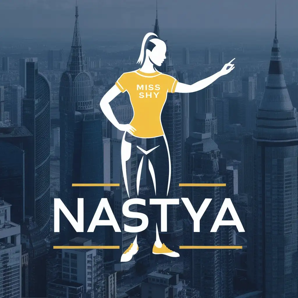 a logo design,with the text "A slim figure in a yellow t-shirt with 'miss shy' on the background of Moscow city skyscrapers", main symbol:Nastya,Moderate,be used in Sports Fitness industry,clear background