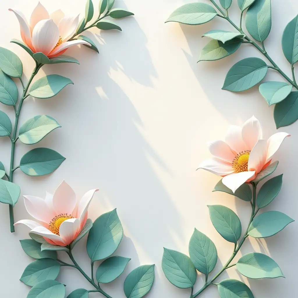 3D high bas-relief, Eucalyptus leaves, Cottony fluffy white flowers wallpaper composition, play of light, glare, fresh green Mint shades leaves in pastel colors, Lilac, pinkish, bluish, tenderness, light and shadow, graceful, elegant, Delicate background, pastel colors background Vector clarity, wall painting