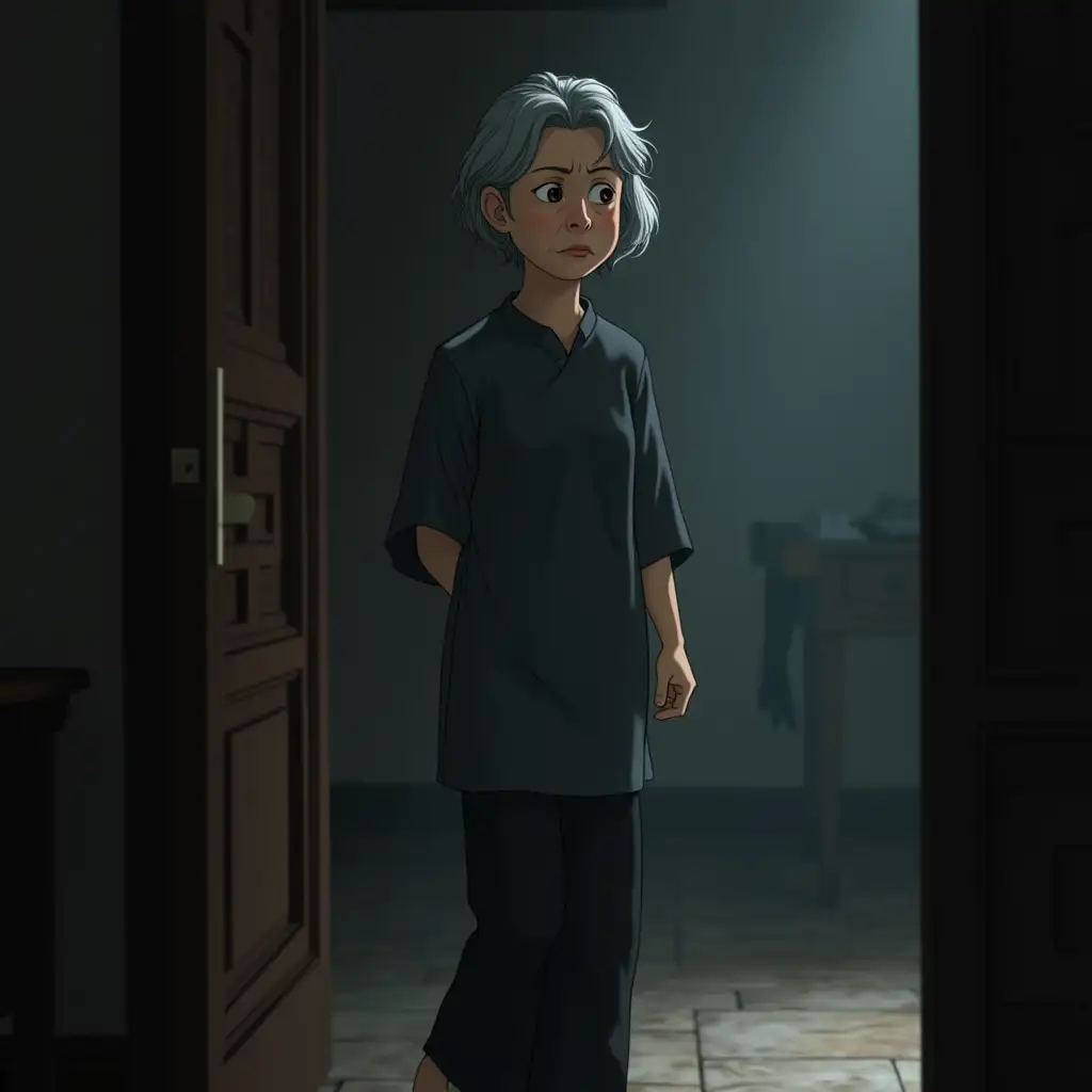 Chinese suspense animation, high quality, perfect detail, a 65-year-old woman with short salt-and-pepper hair, wrinkled face, bent figure, wearing a dark gray twill dress and black wide-legged pants. She walked out of the side room with a serious expression, a hint of reproach and helplessness in her eyes, a slight frown, and a stare at the aunt in front of her. Her movements were slow and solemn, her hands slightly behind her back, and she looked unusually composed. The room is dark, the faint light casts swaying shadows on the walls, and the sandalwood smoke slowly permeates the air, creating a solemn and mysterious atmosphere.