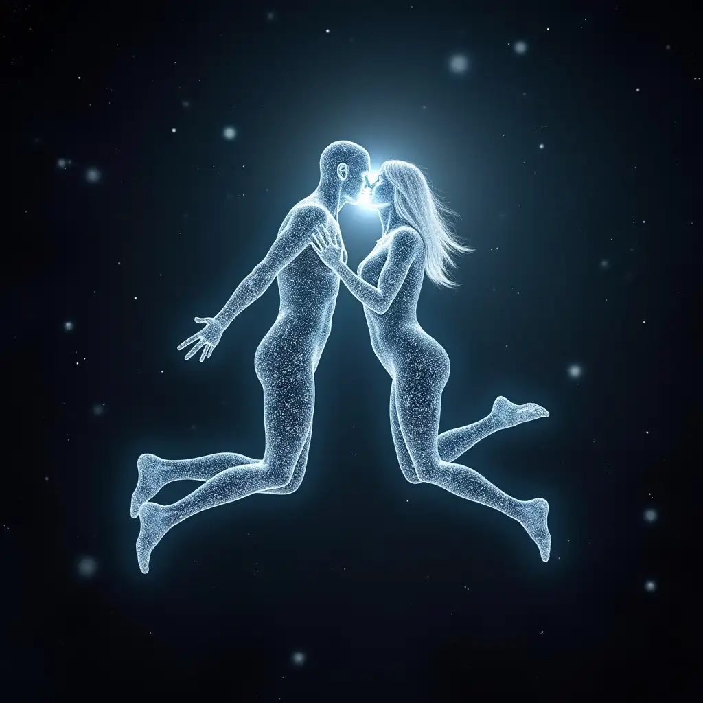 two glass transparent people flying in space on the background of the planet, kissing, humanity like cosmic structure, solar beings, universe life significance, the midjourney multiverse, interconnected human lifeforms, standing in the solar system, astral travel, humanity's cosmic future, view of the cosmos, feeds on the entire cosmos, scientific depiction, in the cosmos, intercrossed humans, astral appearance