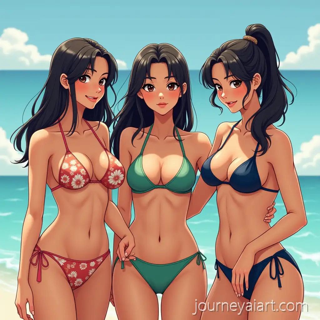 Three-YoungJapanese-women-in-bikinis-Japanese-Women-of-Hawaiian-Descent-in-Bikinis-Two-Smiling-One-Looking-Grim