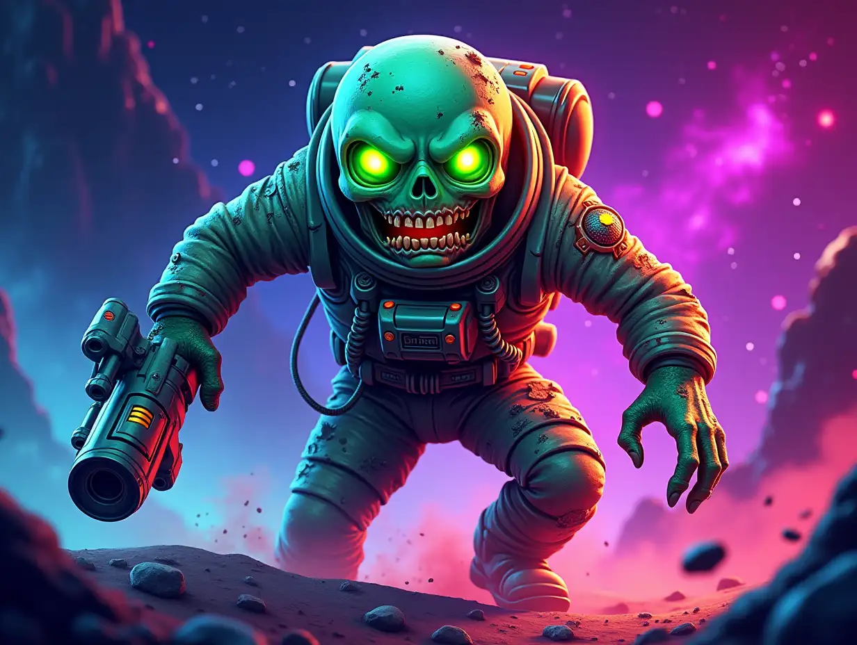 A vibrant and dynamic game icon for a sci-fi zombie shooter set in space, featuring a menacing space zombie with glowing green eyes and tattered astronaut suit, holding a futuristic weapon. The zombie is in a dramatic pose, lunging forward with a trail of cosmic dust behind it, set against a vivid purple and blue galaxy background with glowing stars. Bold neon accents (green and orange) highlight the zombie’s decayed flesh and weapon. The style is bold, high-contrast, and slightly cartoonish, optimized for a square mobile game icon, with crisp edges and intense lighting to grab attention.