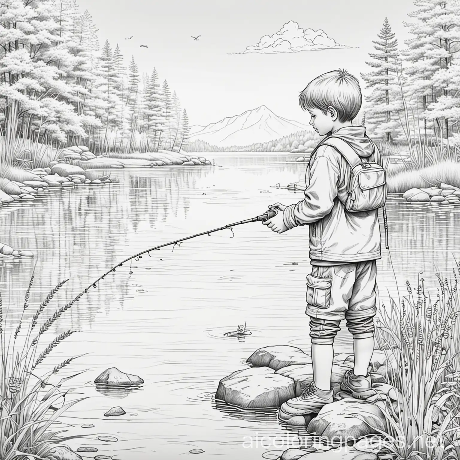 Boy-Fishing-at-Serene-Lake-Black-and-White-Coloring-Page