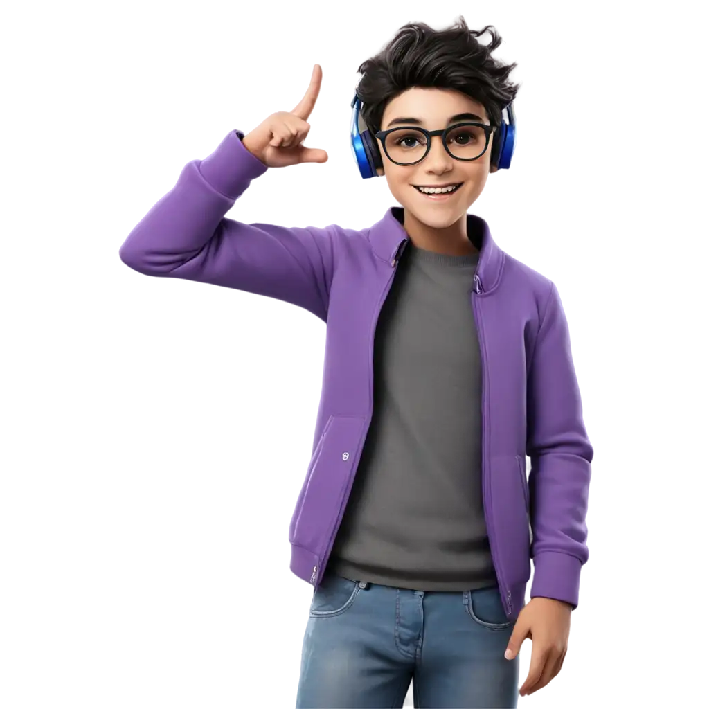 create an image of a boy who is a gamer, make the boy with a headset on his head, make the boy with stylish black glasses, make the boy with a purple jacket, black shirt under the jacket, social pants, make the boy happy, make him smile