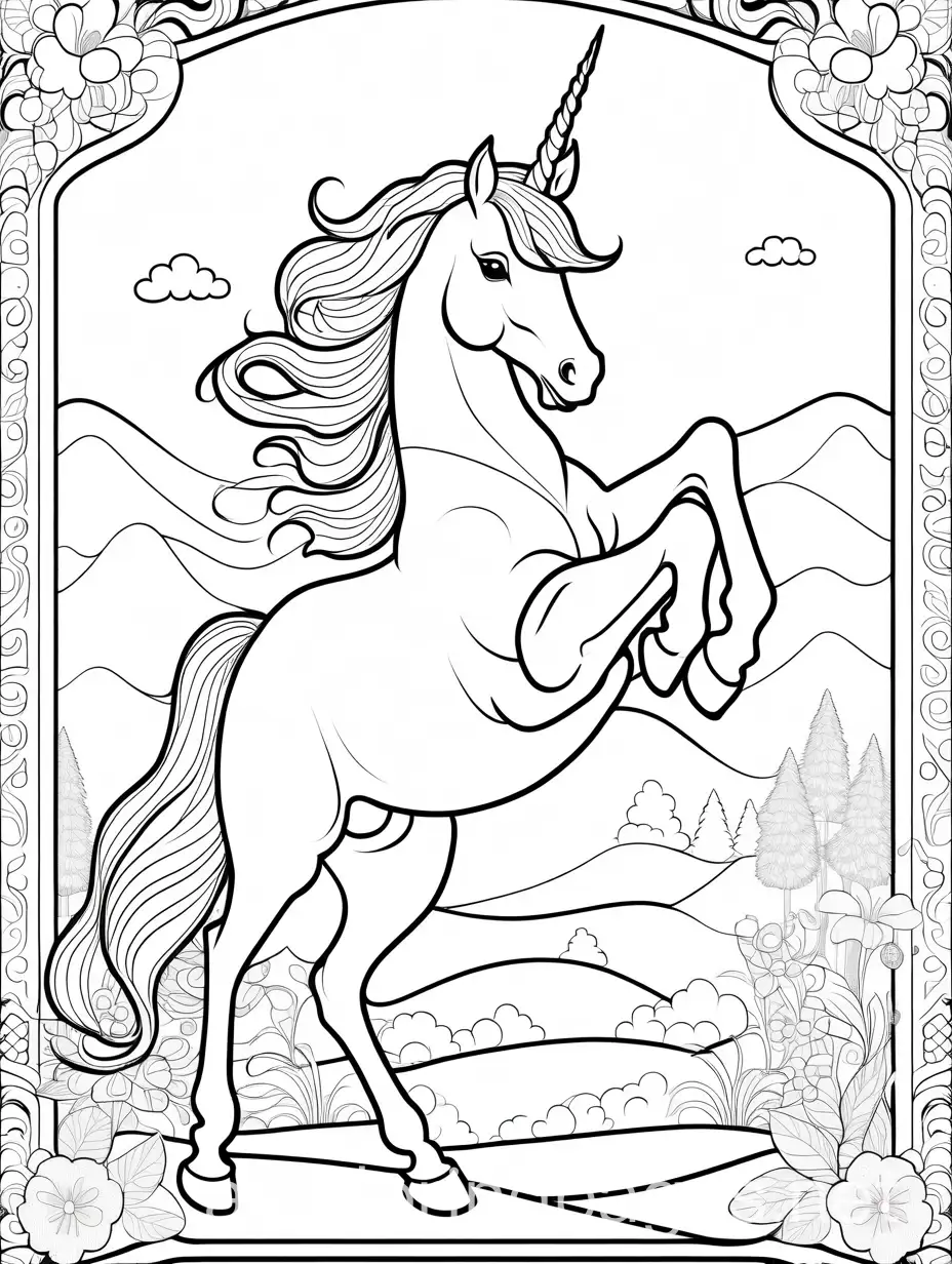 Adventures of a unicorn princess , Coloring Page, black and white, line art, white background, Simplicity, Ample White Space. The background of the coloring page is plain white to make it easy for young children to color within the lines. The outlines of all the subjects are easy to distinguish, making it simple for kids to color without too much difficulty