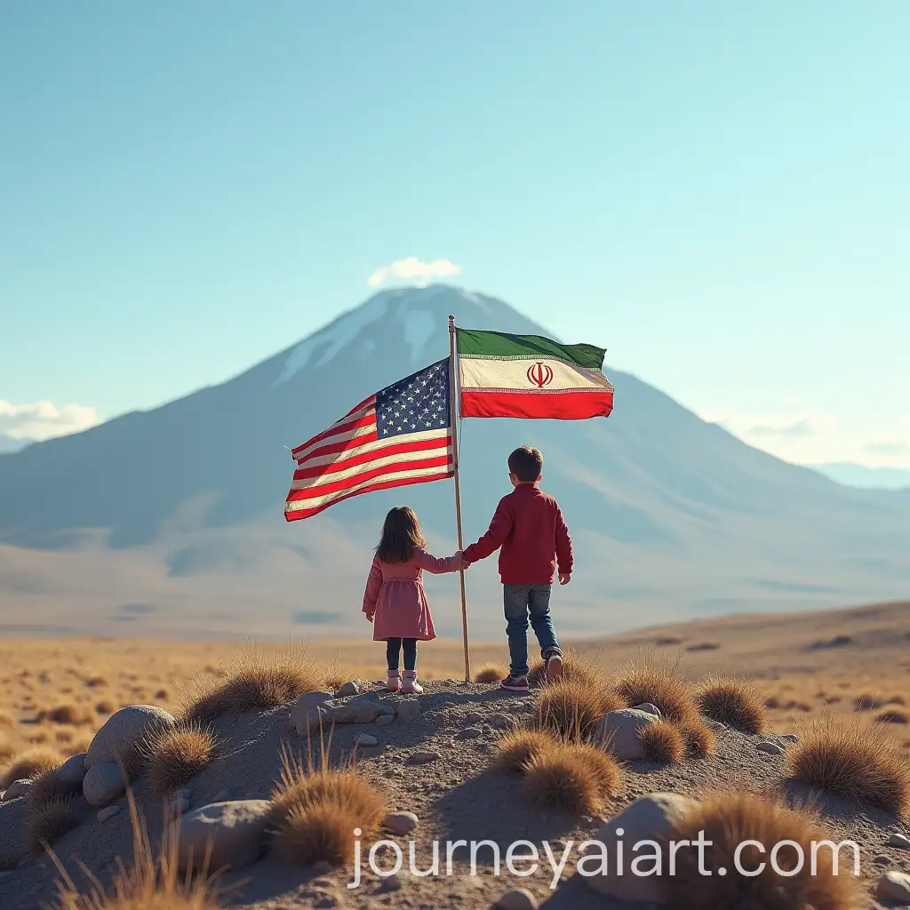 American-Girl-and-Iranian-Boy-Placing-Flags-on-Damavand-Peak-in-Sunny-Weather