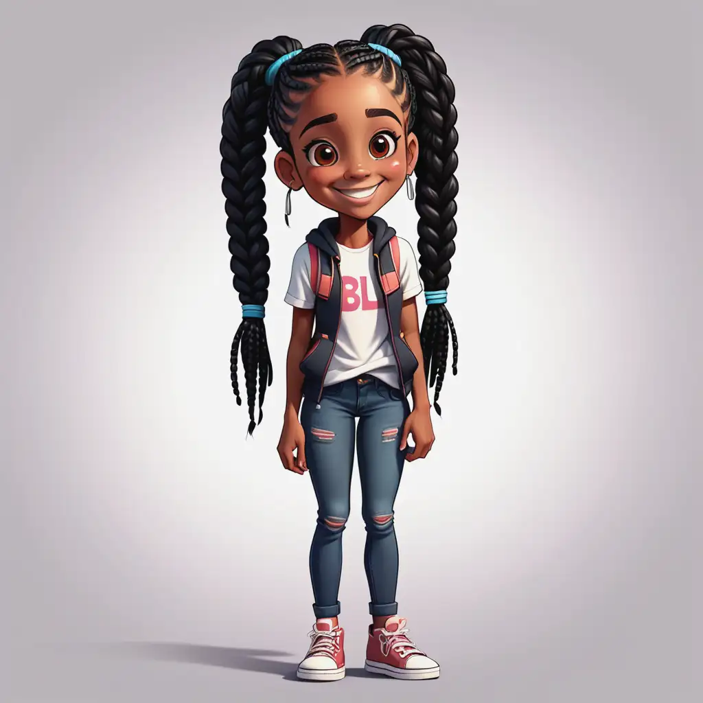 Cheerful Black Teenage Girl with Animated Cartoon Style and Braided Hair