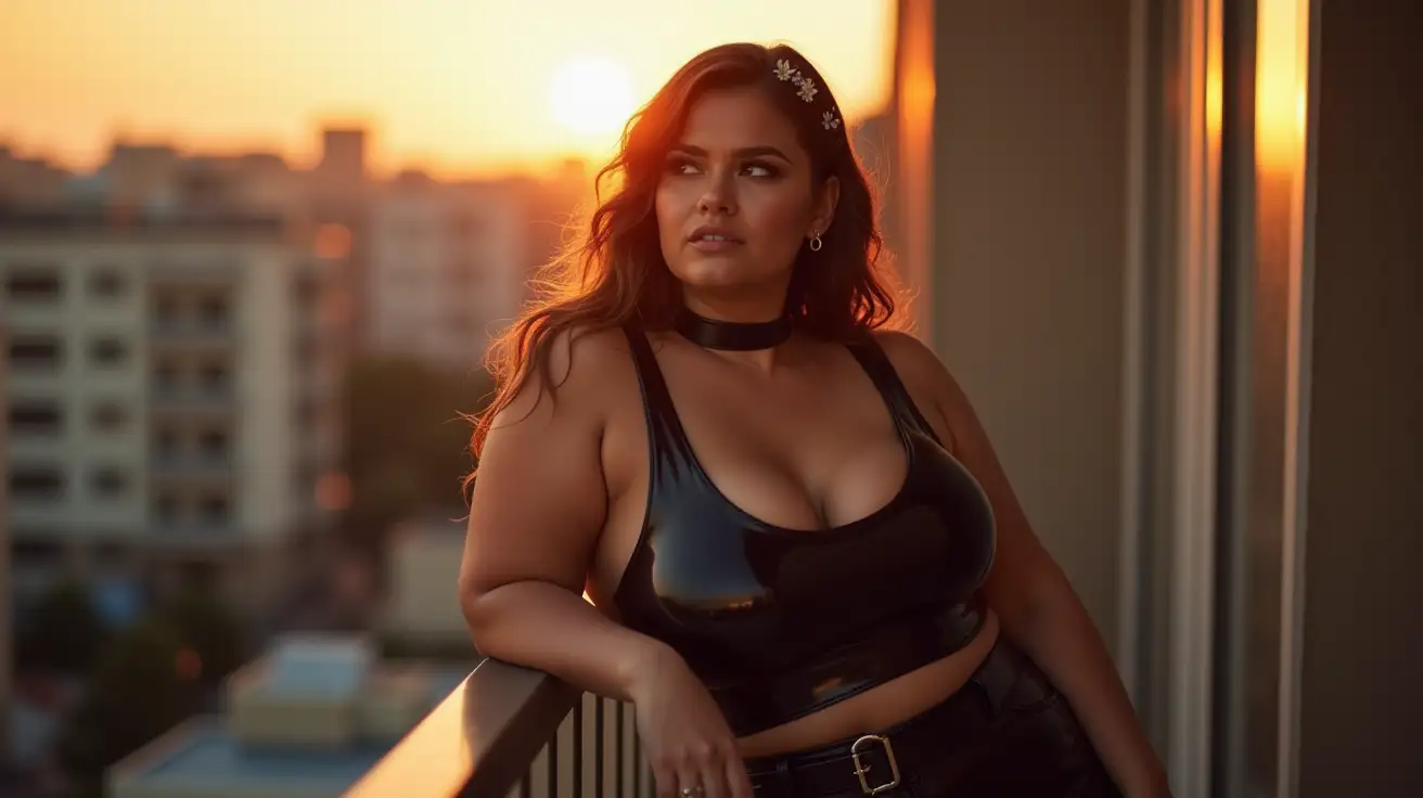 Decent confident corpulent curvy woman leaning on the balcony railing of her city apartment; small flowers in the hair; narrow tight plain highly reflective black latex choker; skintight highly reflective belly-free black latex tanktop; high-quality clear latex reflections; subtle round earrings; black reflective skintight latex pants; wide reflective latex belt; sunset sunlight; dreamily looking at the viewer