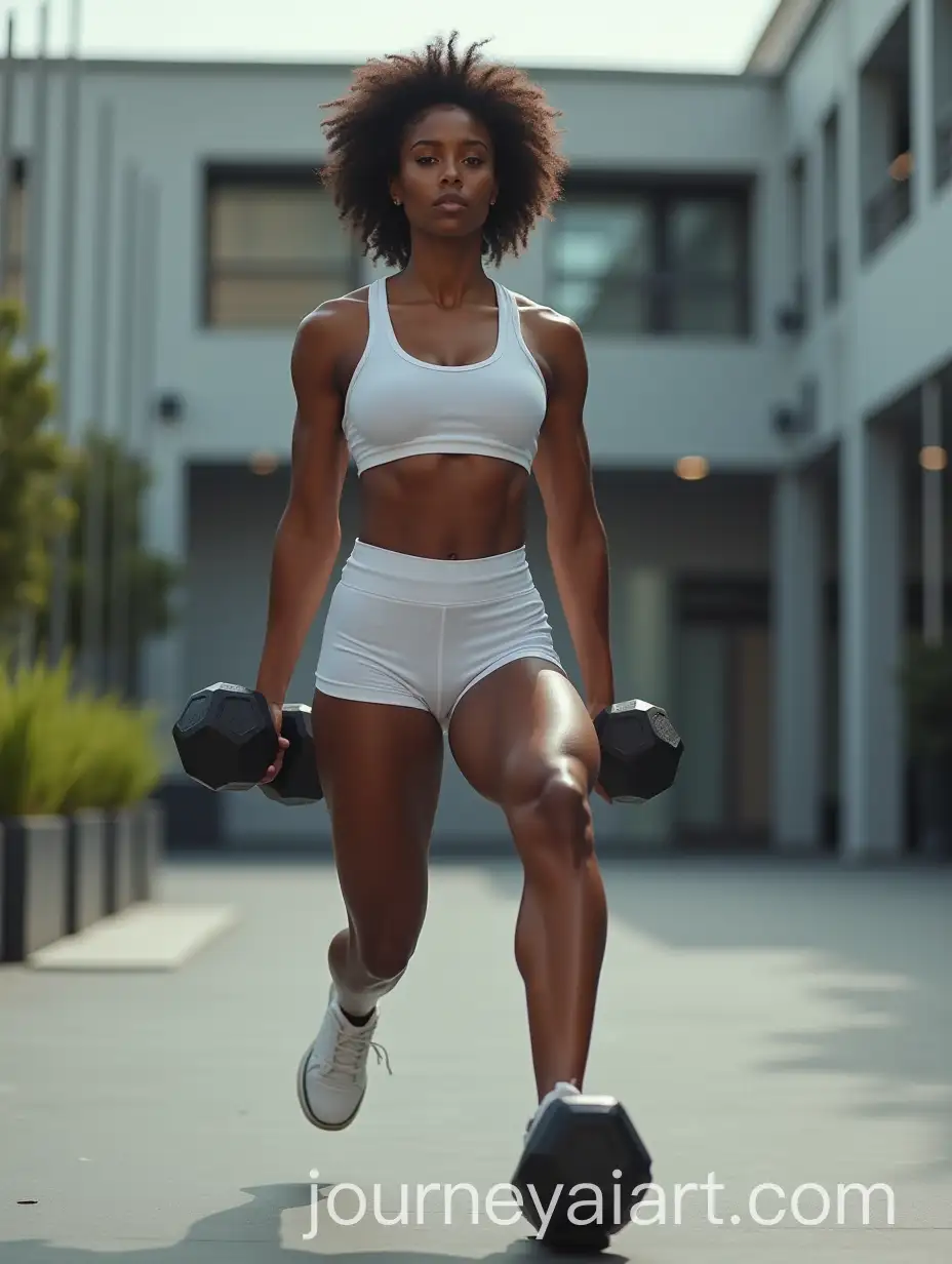 Powerful-African-American-Model-Performing-Dumbbell-Lunges-in-Outdoor-Gym