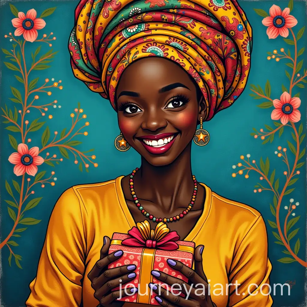 Smiling-African-Woman-in-Colorful-Head-Wrap-Holding-Christmas-Gift-Matisse-Inspired