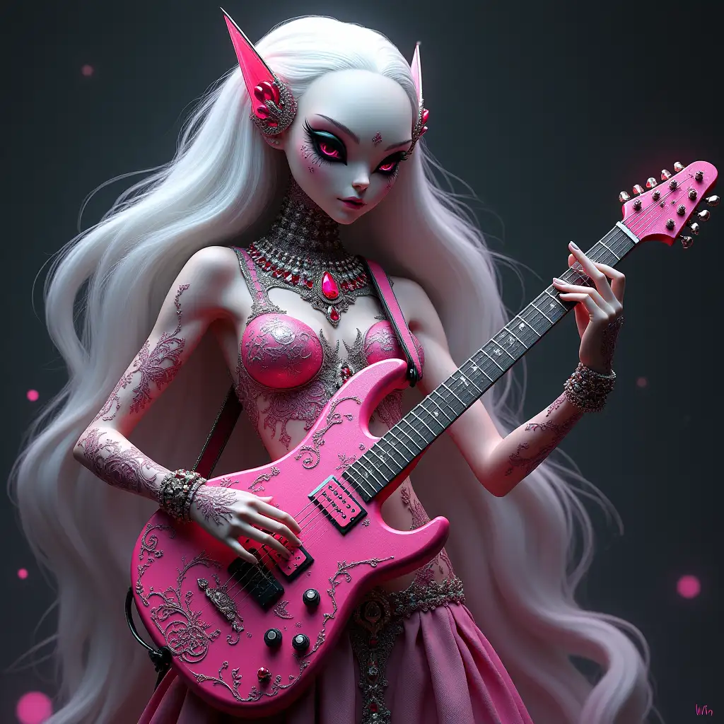 A hyperrealistic full body of a beautiful alien woman with silver hair with long rosa waves, playing on a ruby e-guitar with intricately detailed, colorful and futuristic jewelry.against a background