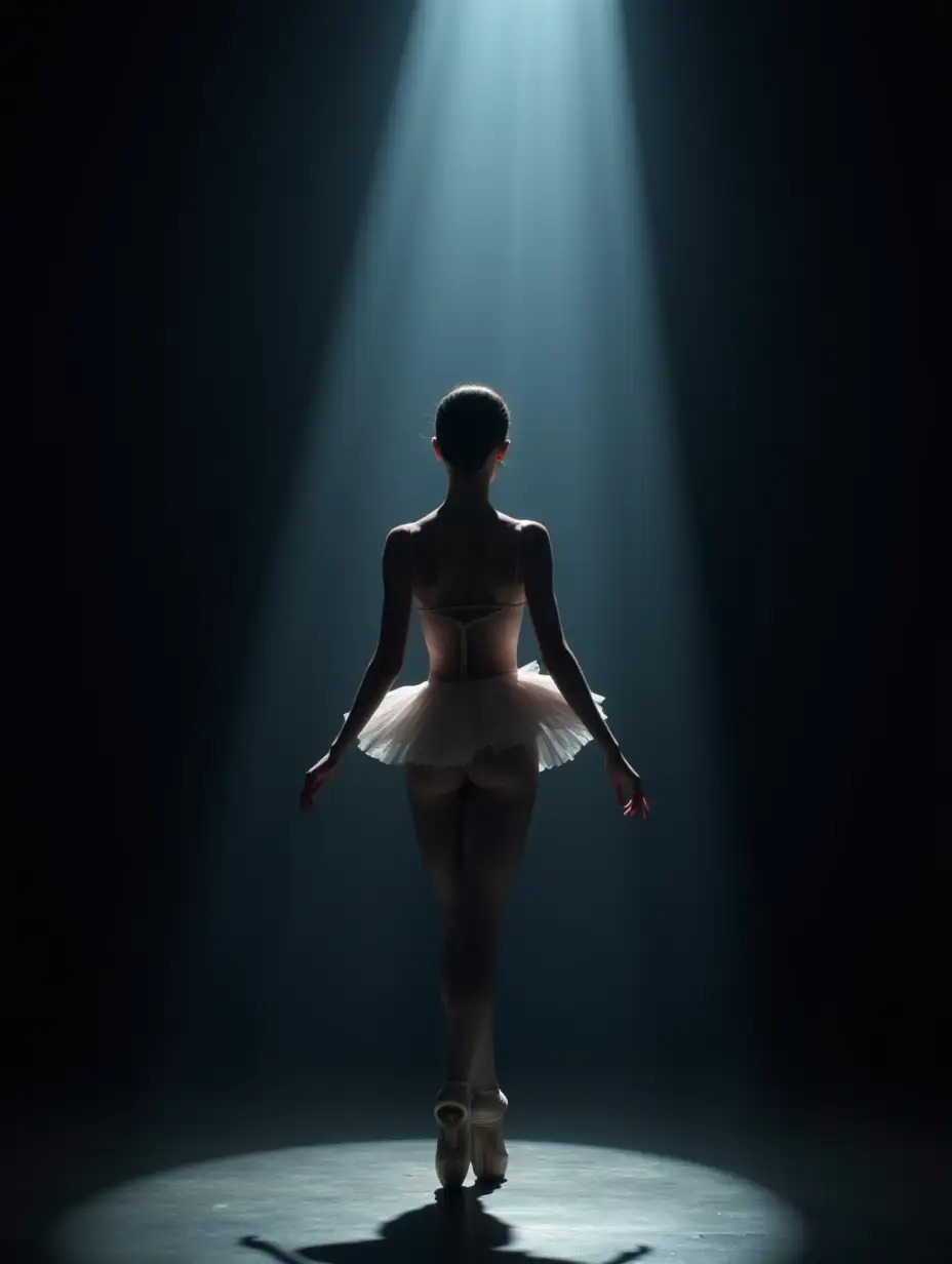 A lone ballerina under the spotlight. The stage's dark backdrop contrasts with the soft glow, closeup, portrait, masterpiece, best quality, amazing quality, newest, absurdres, highres, high resolution, intricate details, ultra detailed, perfect details, very aesthetic, perfect body, onlight