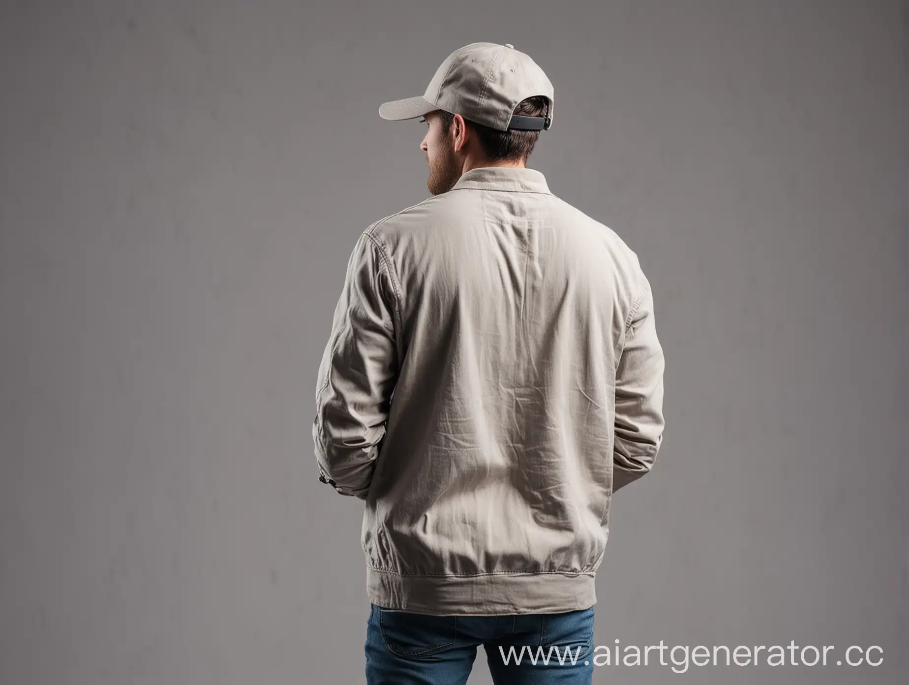 A professional videographer standing from the backside, wearing a casual cap and pleasant, modern clothing.