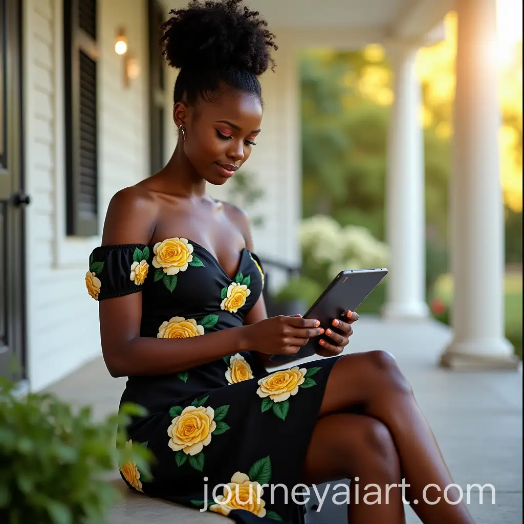 Young-African-Lady-in-Black-Dress-with-Yellow-and-White-Roses-on-Front-Porch-in-the-Morning