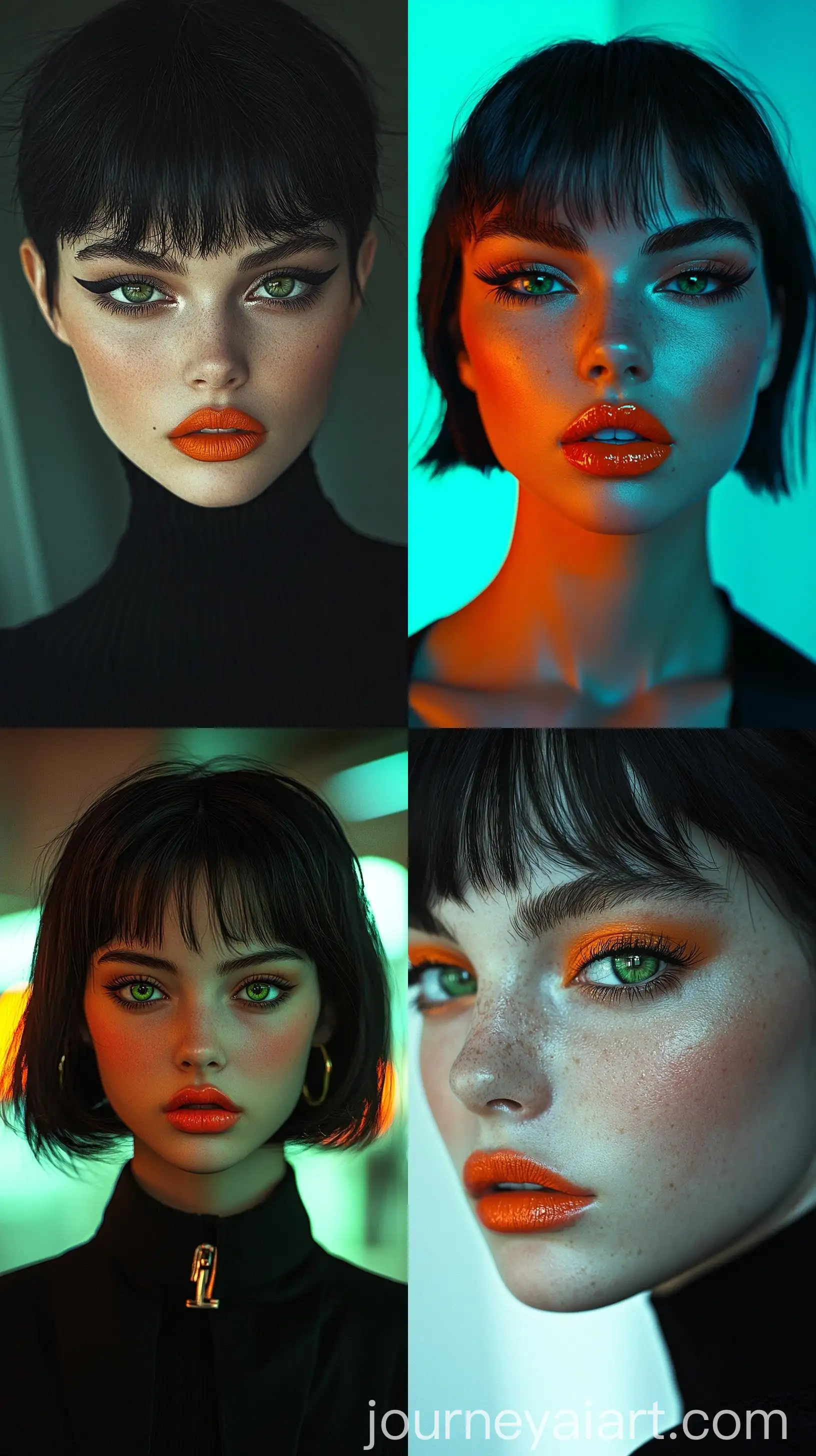 Portrait-of-Woman-with-Emerald-Green-Eyes-and-Fluorescent-Orange-Lips-in-Surreal-Art-Style