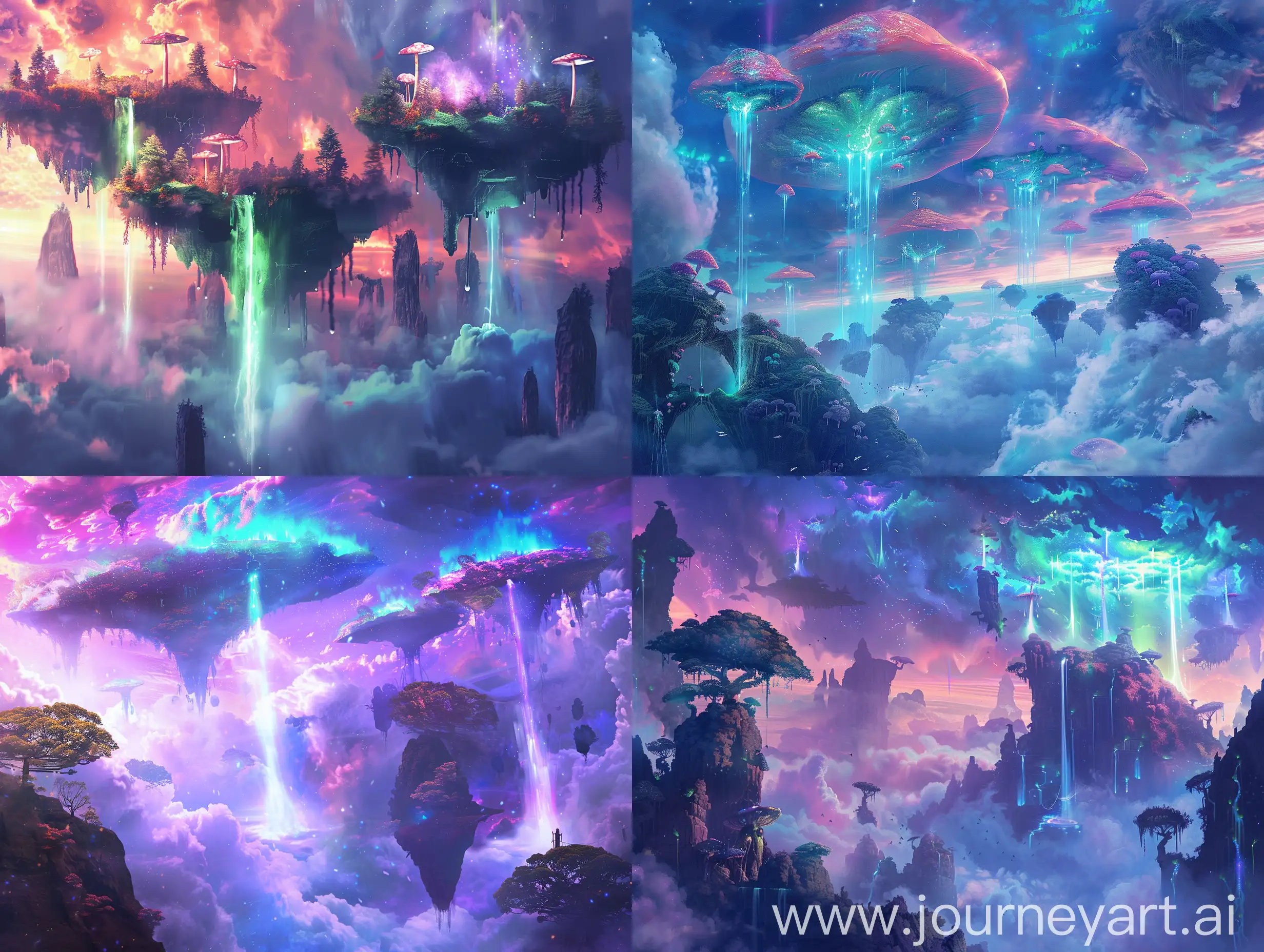 Fantasy-Landscape-with-Floating-Islands-Giant-Mushrooms-and-Ethereal-Waterfalls