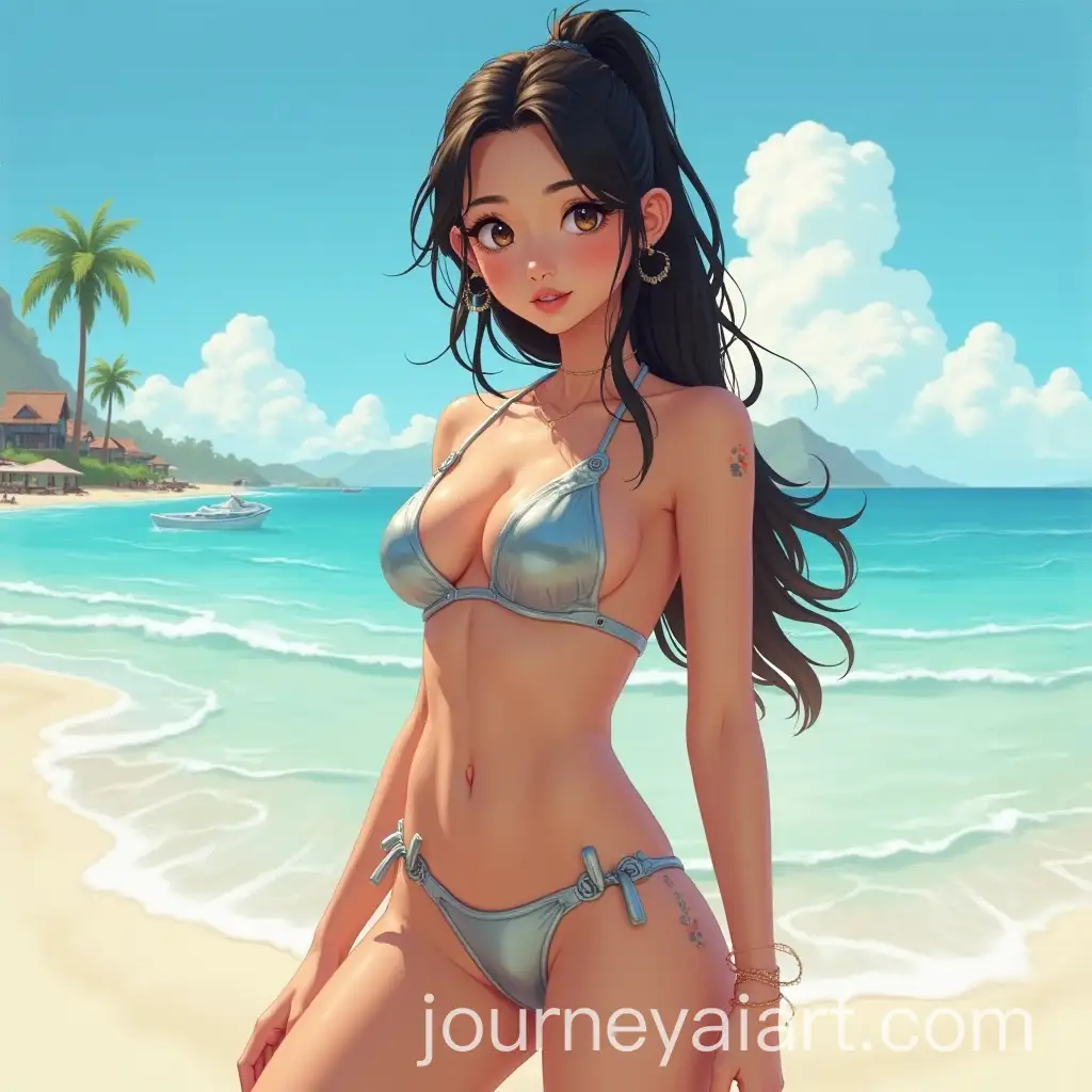 Futuristic-Beach-Serenity-with-Stylish-Asian-Girl-in-Metallic-Bikini