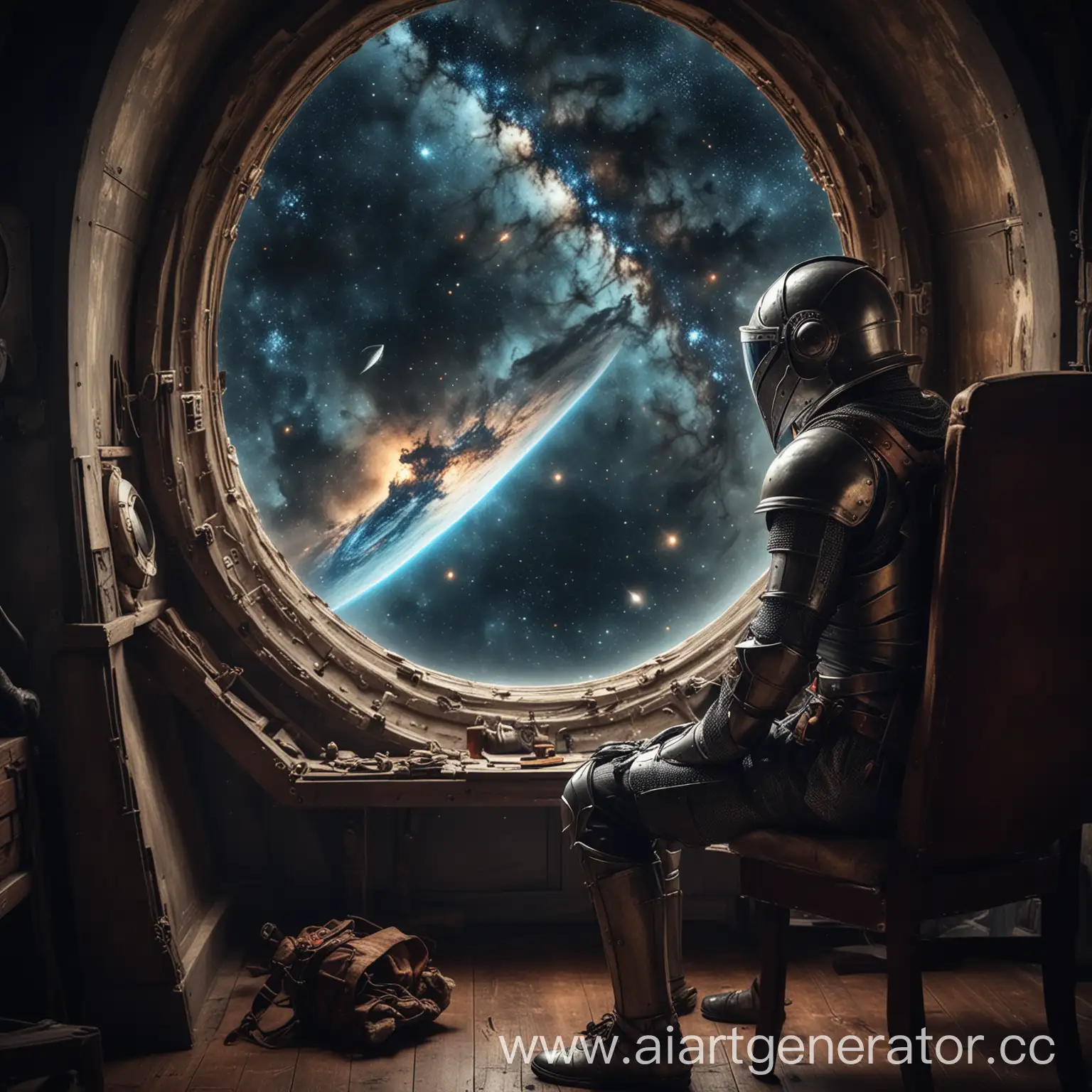 Medieval-Knight-Contemplating-the-Galaxy-from-a-Spaceship-Window