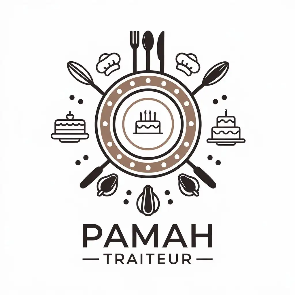 a vector logo design,with the text "PAMAH TRAITEUR", main symbol:The elements of the symbol: 1)a plate with fork,🍴 knife and spoon at the top 👆 2) a pastry whip 3)a chef's hat 4)a birthday cake 5)and a skewer stp,Moderate,clear background