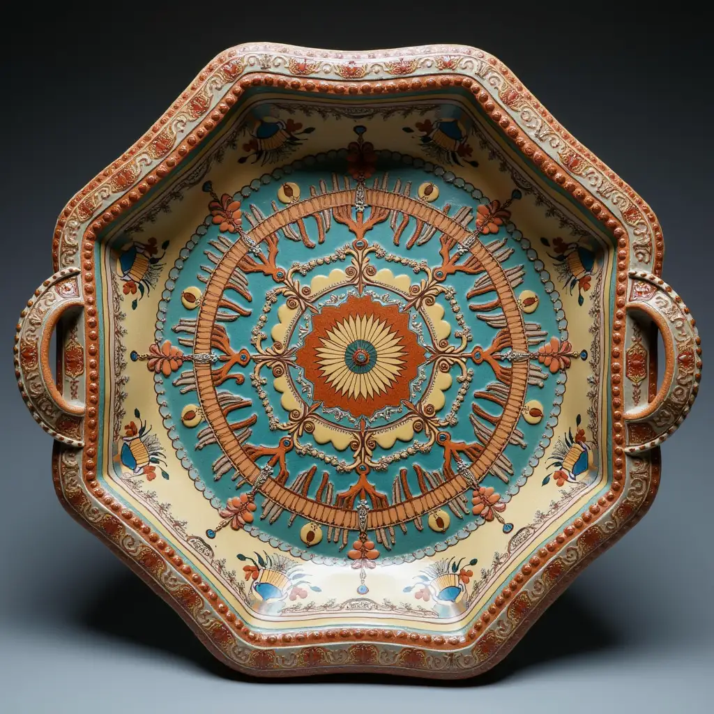 Octagonal with rounded corners ceramic serving dish with embossed beautiful handle, Fine art, Hyper detailed, Antique and old, Qajar art, Iranian Tabriz carpet design