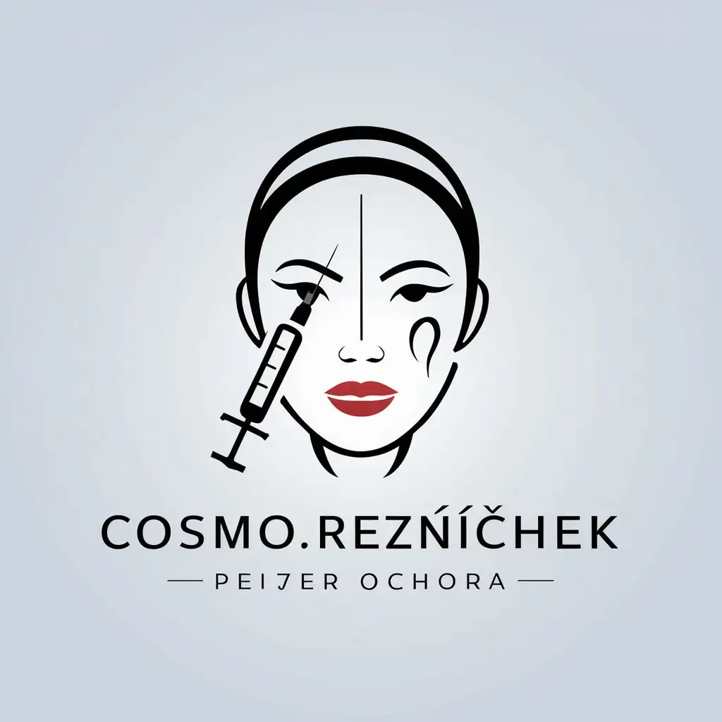 a vector logo design,with the text "cosmo.reznichek", main symbol:Syringe, face, lips,Moderate,be used in cosmetology industry,clear background