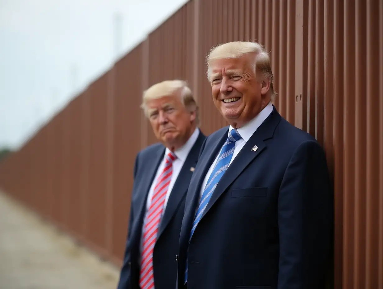 Donald Trump, smiling and standing next to border wall