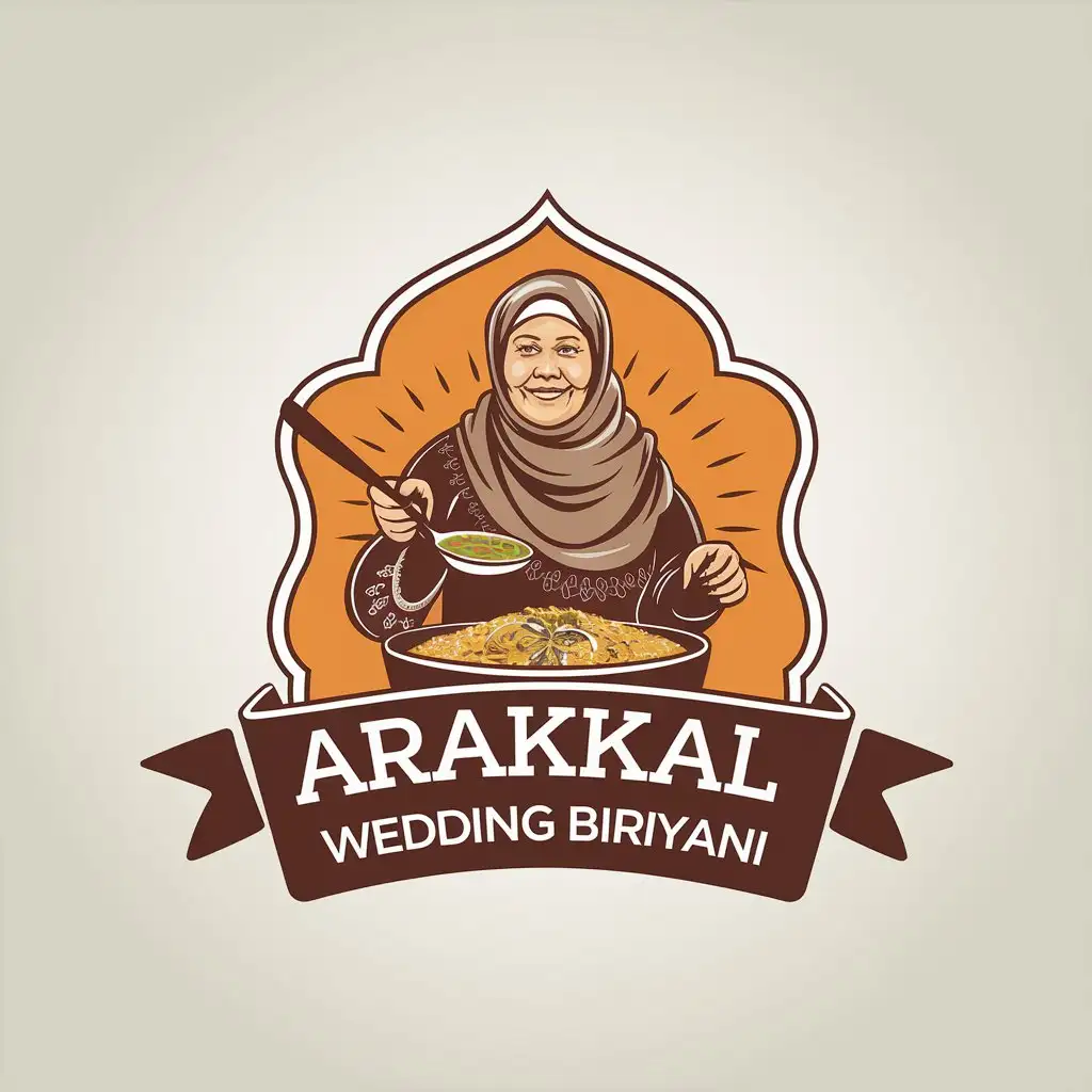 LOGO Design for Arakkal Wedding Biriyani Featuring a Traditional Muslim Grandmother Symbolizing Love and Heritage