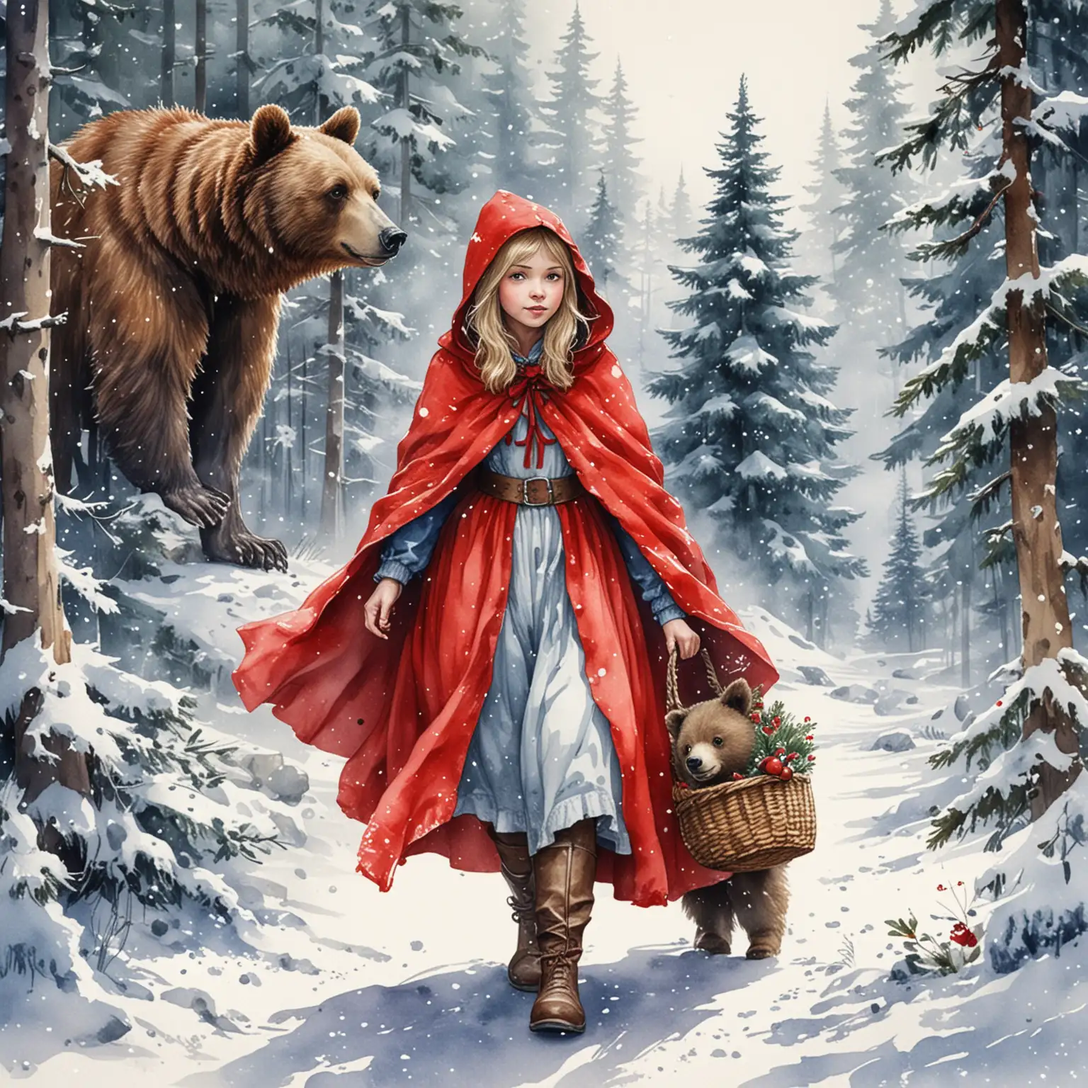 Girl-in-Red-Riding-Hood-with-Bear-Near-Christmas-Tree-in-Snowy-Holiday-Scene