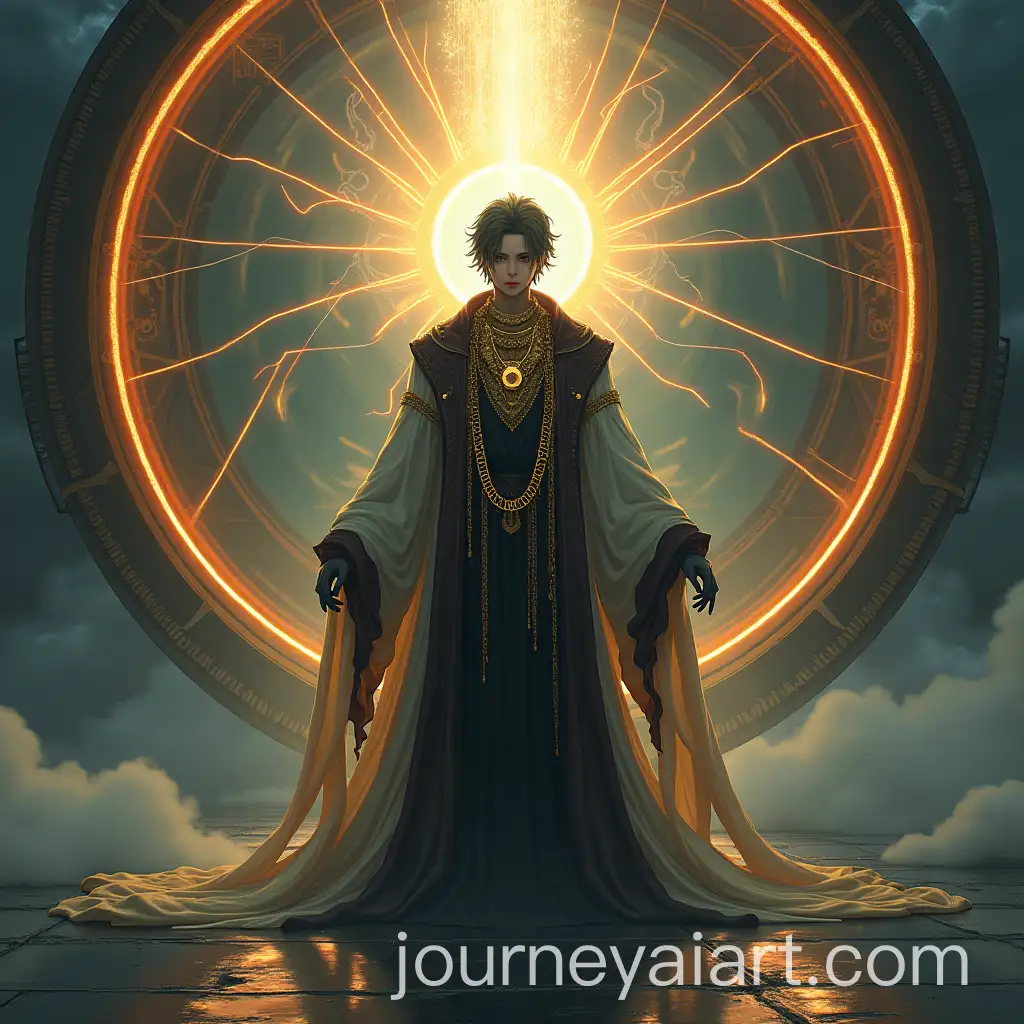 Futuristic-Mystical-Figure-in-Surreal-SciFi-Setting-with-Gold-Jewelry-and-Illuminated-Clock-Structure