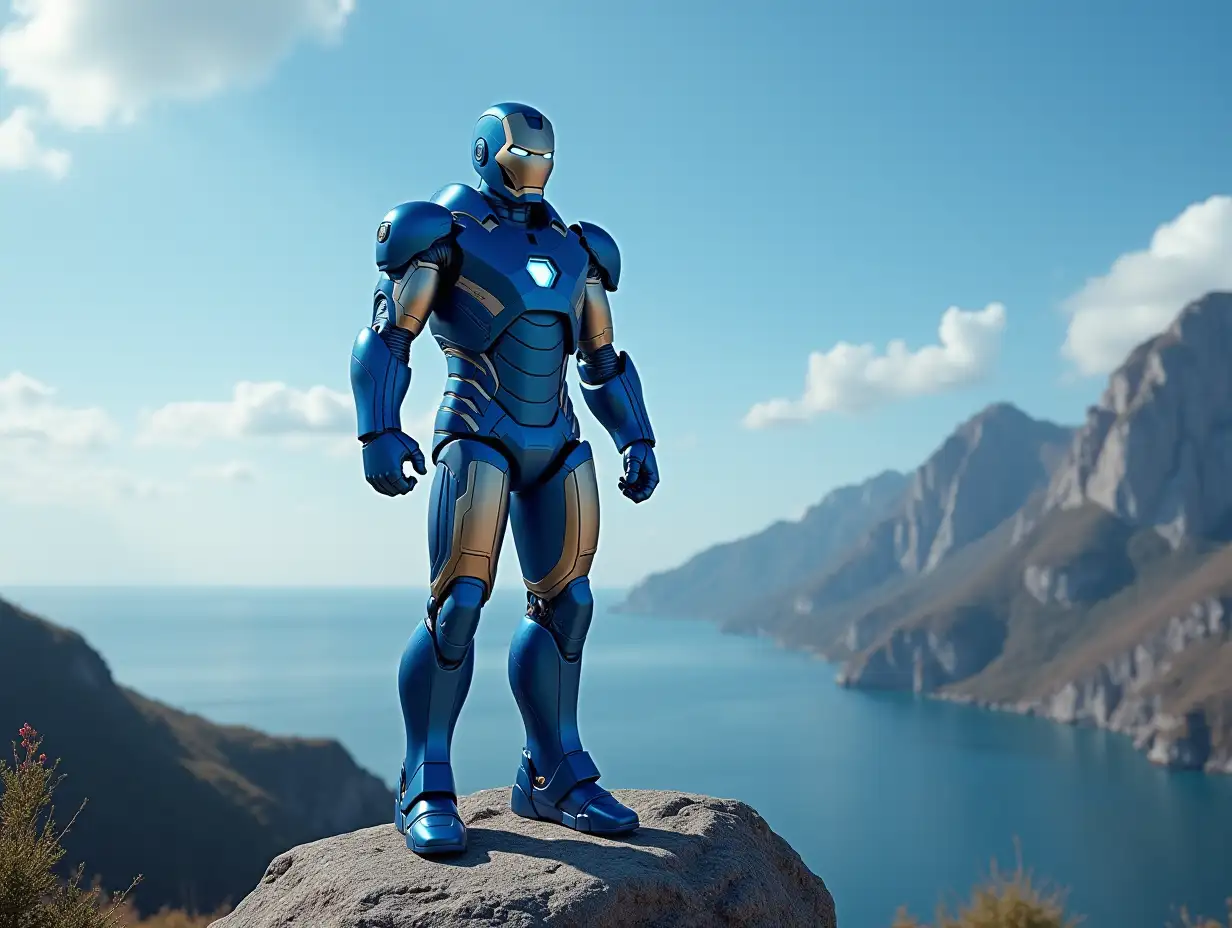 Iron Man blue stands on a rock 4K resolution