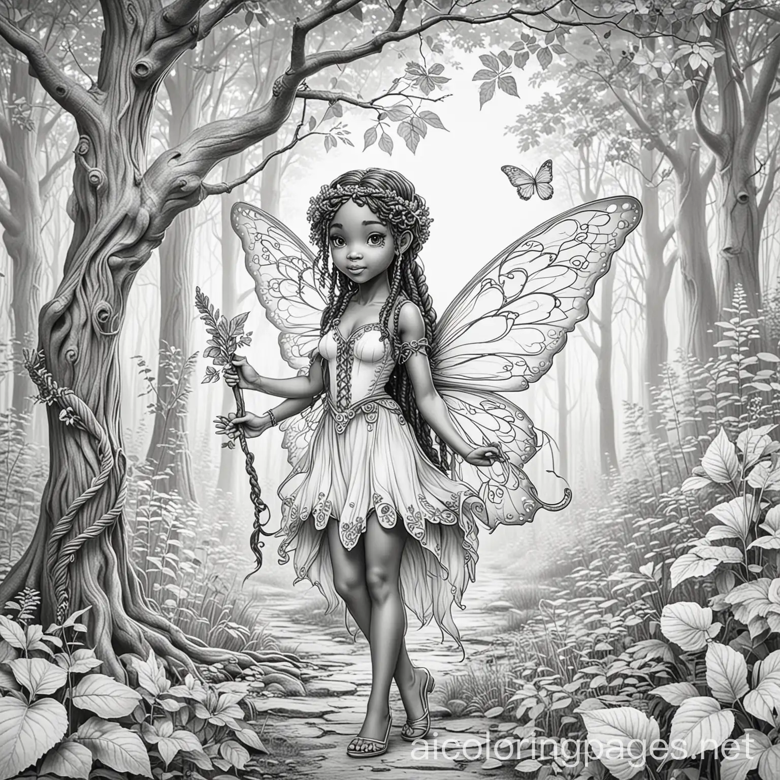 a black fairy with braids working on magic in the woods, Coloring Page, black and white, line art, white background, Simplicity, Ample White Space. The background of the coloring page is plain white to make it easy for young children to color within the lines. The outlines of all the subjects are easy to distinguish, making it simple for kids to color without too much difficulty