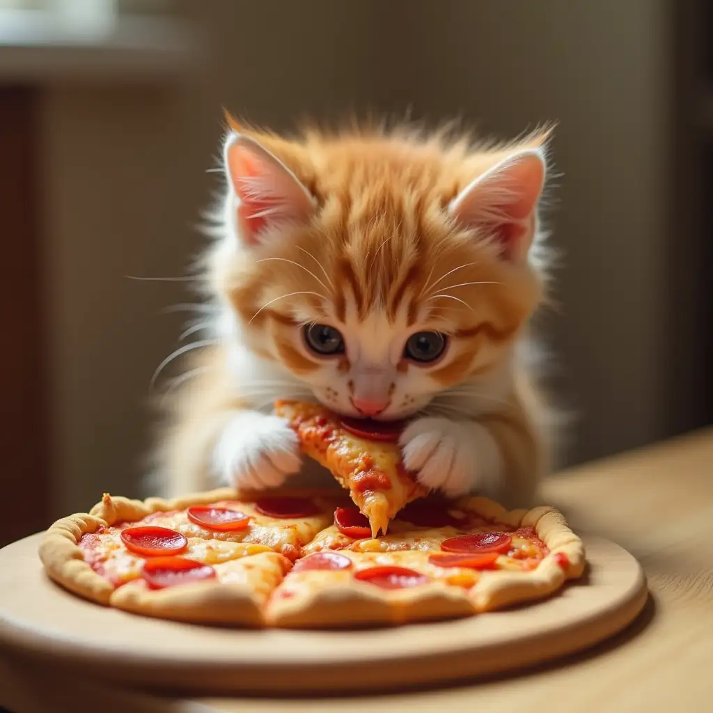 A cute mini cat eat a pizza