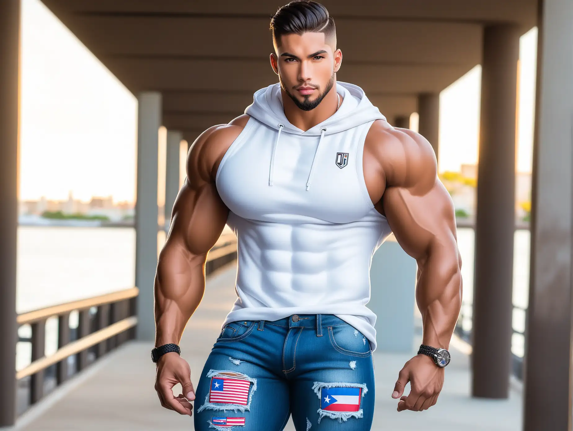 Joshua,29 years-old,Puerto rican handsome guy,male model, mixed race  muscular huge bodybuilder, defined jawline,with Combed Back Straight Fade haircut,,with  ripped jeans,sleeveless hoodie