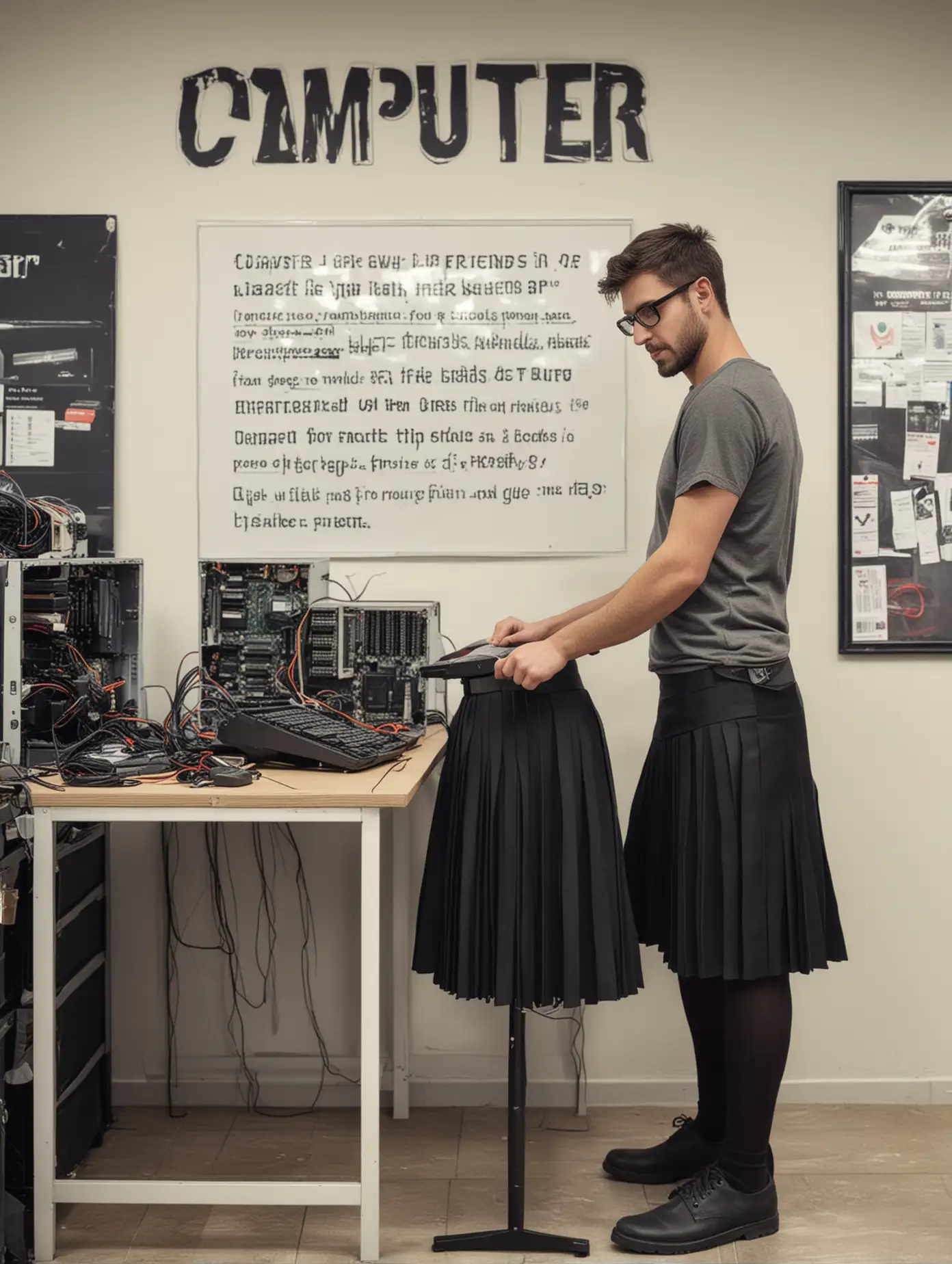 Create an image of a man wearing a black pleated women's skirt. He is assembling a computer from parts in a computer shop. On the wall is a sign that says (Computer for my friends)