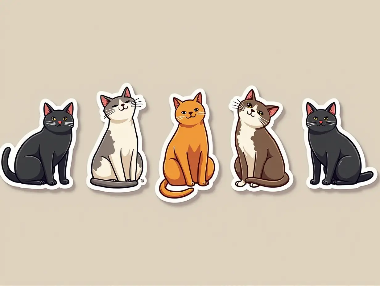 a row of five cat sticker style