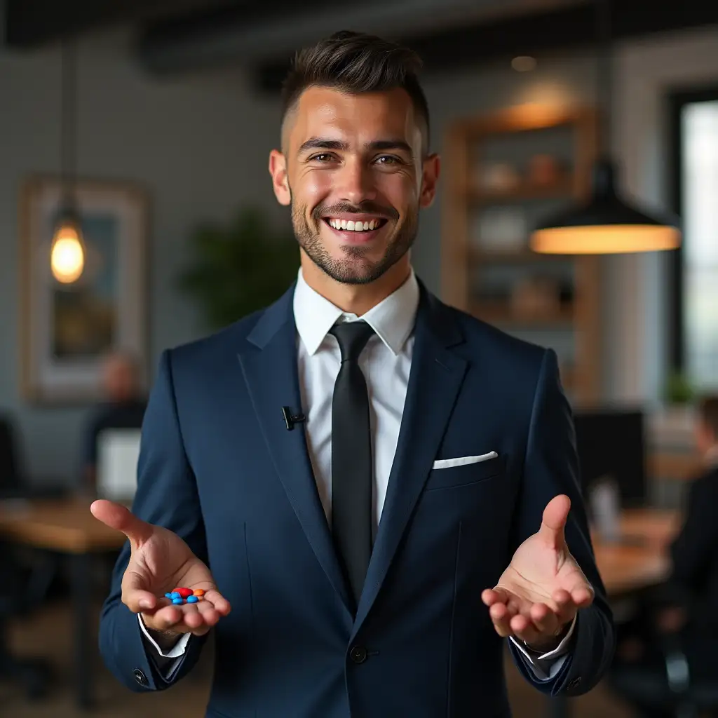 Create an image of a 27-year-old man bronze skin toned with an military haircut wearing a business suit. He is standing in a studio production facility, nearly in full height, with beautiful office visible in the background. The young man is smiling to the camera while giving a presentation, and offering a pill in each hand, one blue pill on the right hand and one red pill on the left hand, appearing determined and professional. The setting includes high quality video production equipment, beautiful office, and a clean, organized environment.