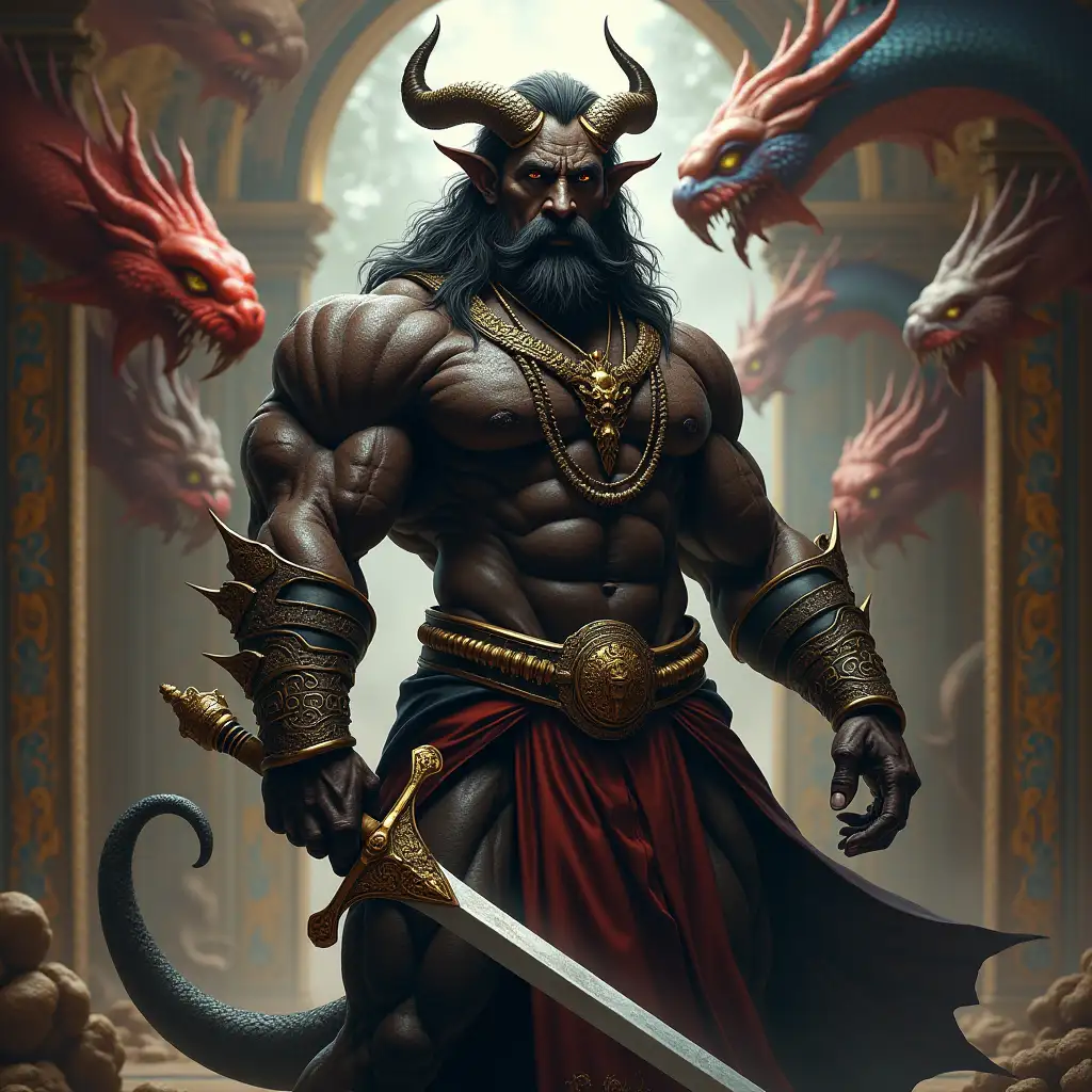 user_prompt: Ultradetailed hyperrealistic portrait black bodybuilder with horns and snake skin, with a sword in a palace with various strange creatures with intricately detailed, colorful