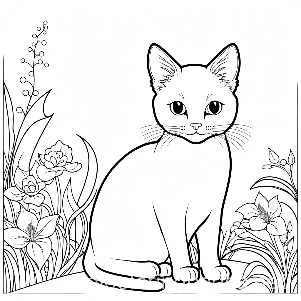 Cat coloring page, Coloring Page, black and white, line art, white background, Simplicity, Ample White Space. The background of the coloring page is plain white to make it easy for young children to color within the lines. The outlines of all the subjects are easy to distinguish, making it simple for kids to color without too much difficulty