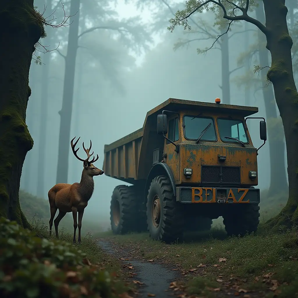 A realistic image of a serene scene where a graceful deer stands next to a massive Belaz dump truck in a foggy, ancient forest. The deer, with soft fur in shades of brown and white, gazes calmly into the distance, its antlers branching out elegantly. The Belaz dump truck, towering and rugged, is weathered with dirt, rust, and patches of moss creeping along its frame, showing signs of age and abandonment. The forest around them is thick with ancient, towering trees draped in moss, their trunks covered in damp, lichen-covered bark. Fog rolls through the scene, diffusing the light and casting a mystical, ethereal glow over the landscape. The atmosphere feels both peaceful and surreal, as nature and man-made machinery coexist in this hauntingly beautiful, mist-filled forest.