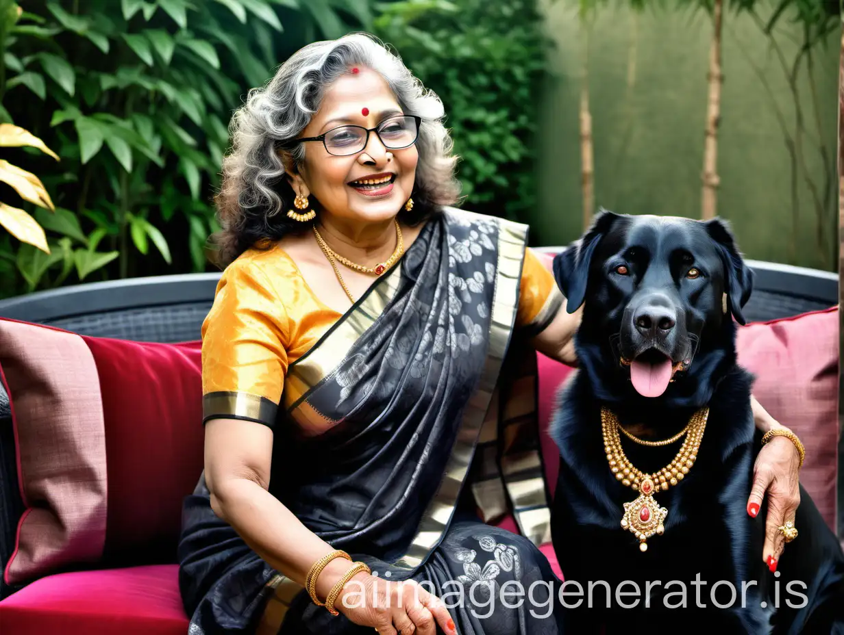 Mature-Indian-Woman-Laughing-with-Black-Dog-in-Luxurious-Garden-Setting