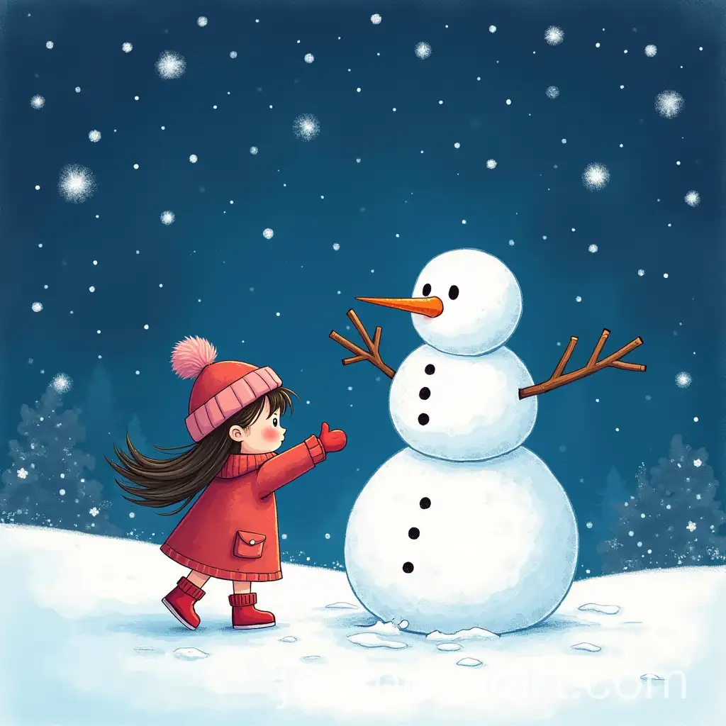 Little-Girl-Saying-Goodbye-to-Her-Snowman-at-Dusk